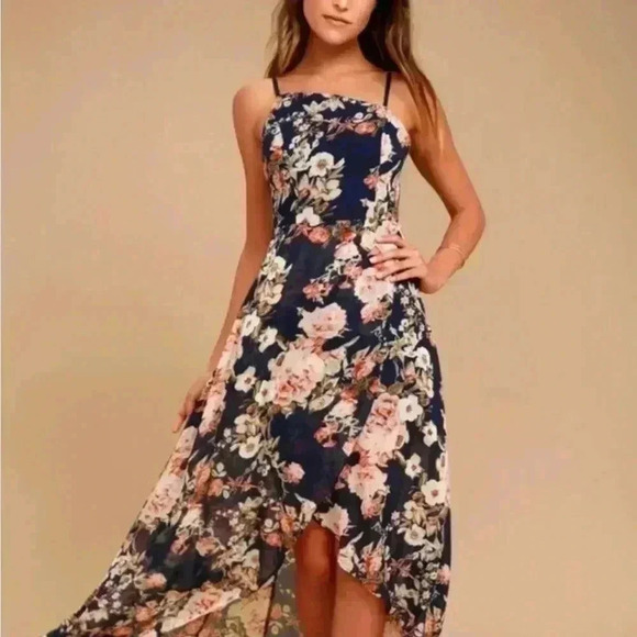 Lulus Reflection Navy Blue Floral Print High-low Dress in size small - Picture 9 of 11